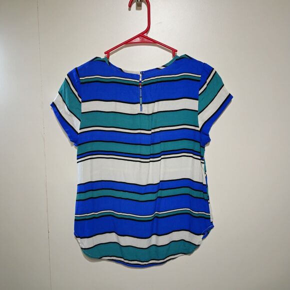 H&M Women Shirt Size 4 Blue Turquoise Stripe Button Back Coastal Nautical Preppy - Picture 4 of 10